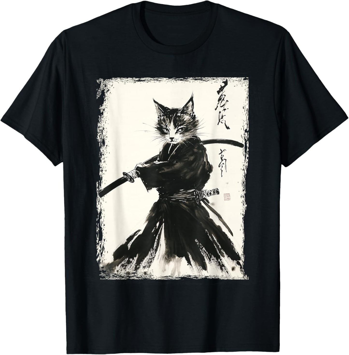 Samurai Cat Ukiyo-e Vintage Art Warrior Graphic T-Shirt - T-Shirt | Black