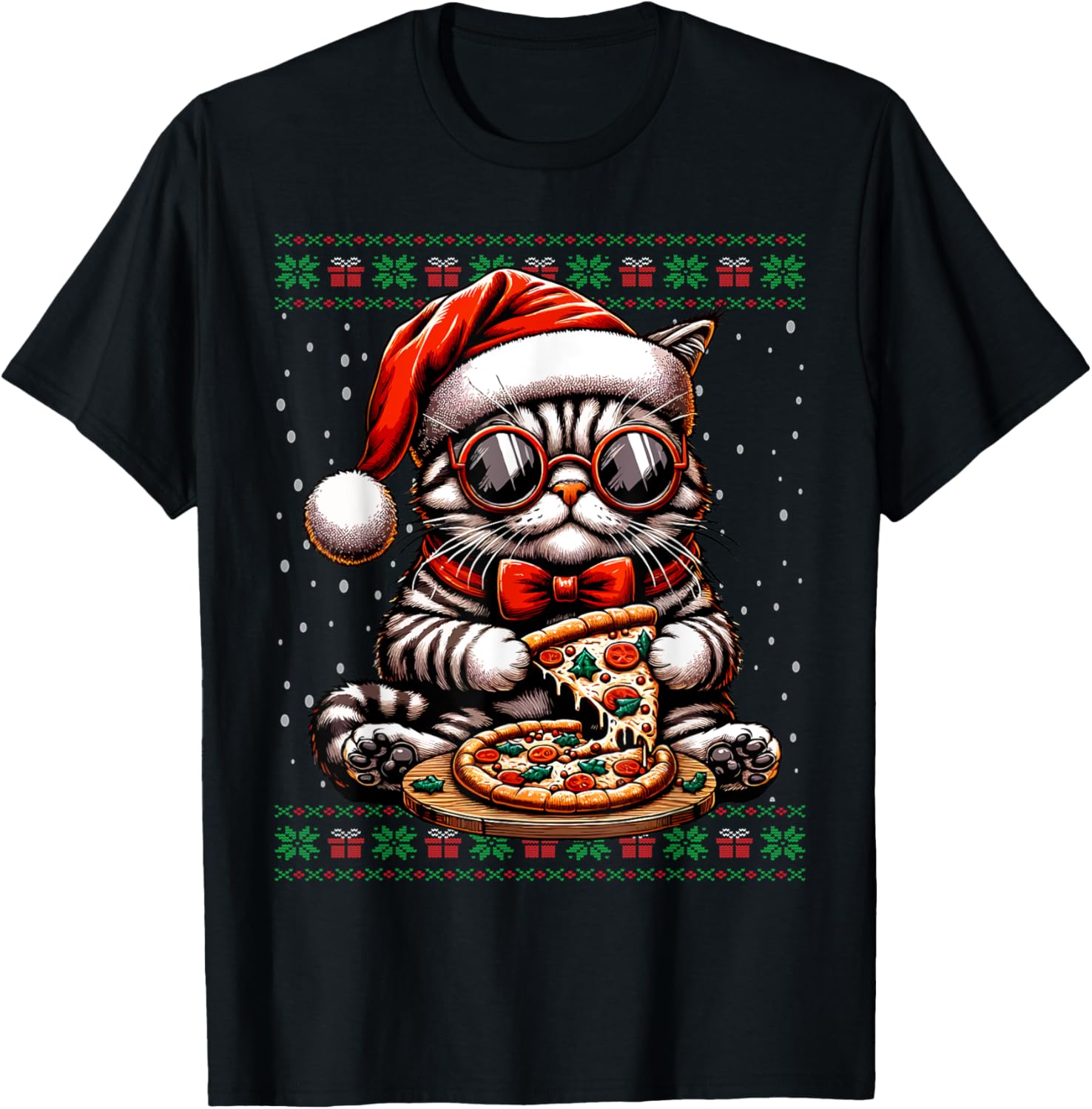 Christmas Cat Santa Eating Pizza Ugly Christmas Sweater Women Kids T-Shirt - T-Shirt | Black