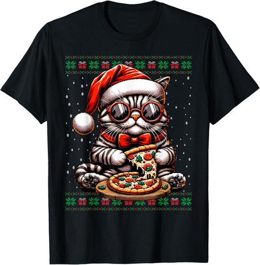 Christmas Cat Santa Eating Pizza Ugly Christmas Sweater Women Kids T-Shirt - T-Shirt | Black