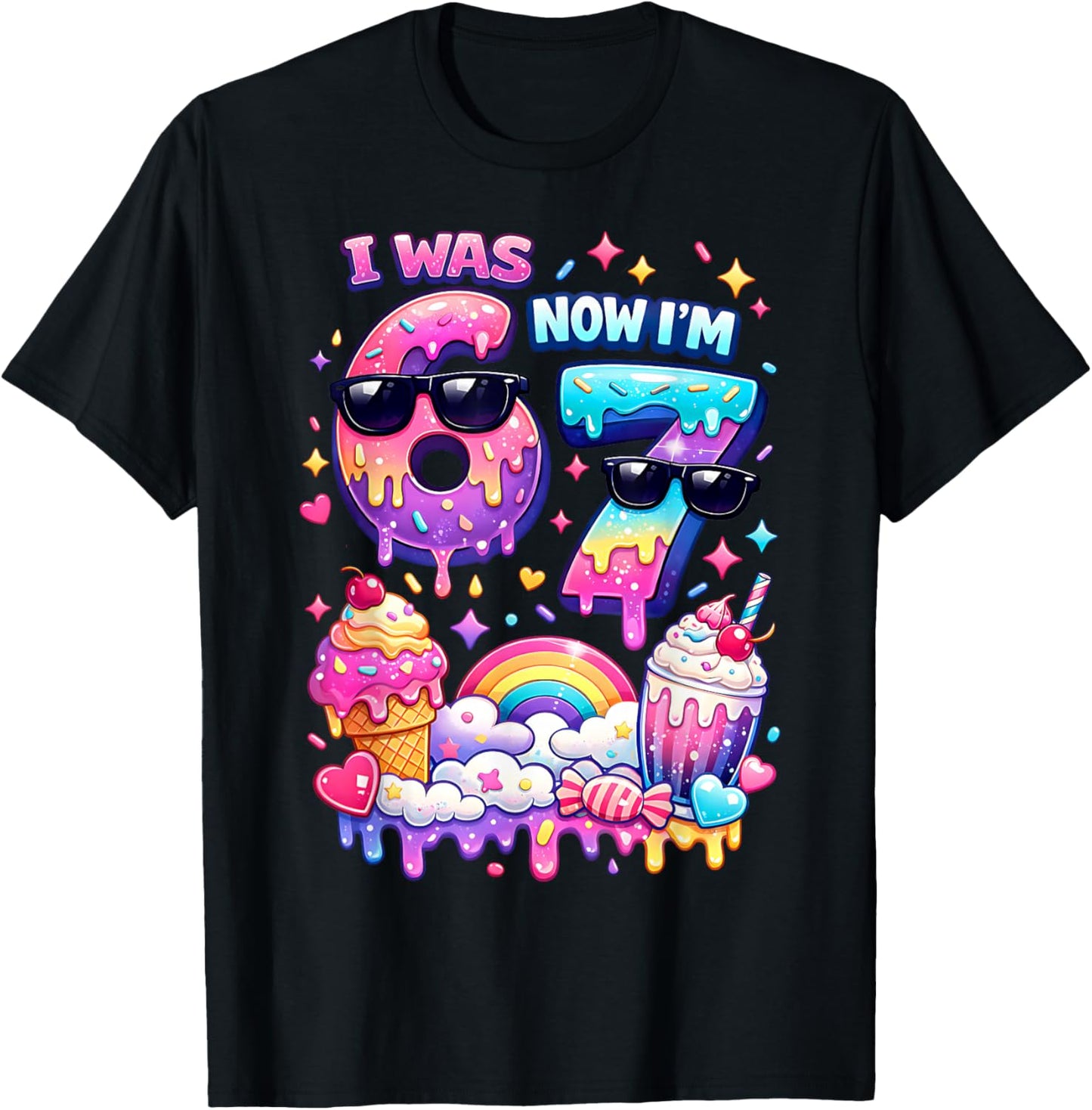 I was 6 Now I'm 7 Ice Cream Dripping 67 Meme Kindergeburtstag T-Shirt - T-Shirt | Black
