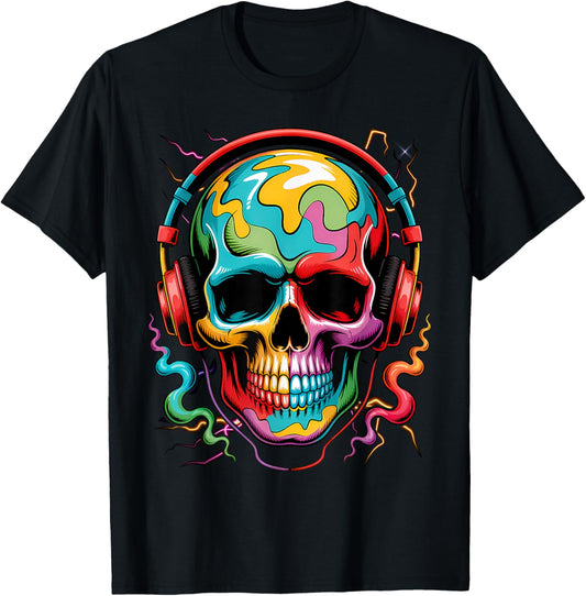 Skull Geometric Art Colorful Fantasy Graphic T-Shirt - T-Shirt | Black