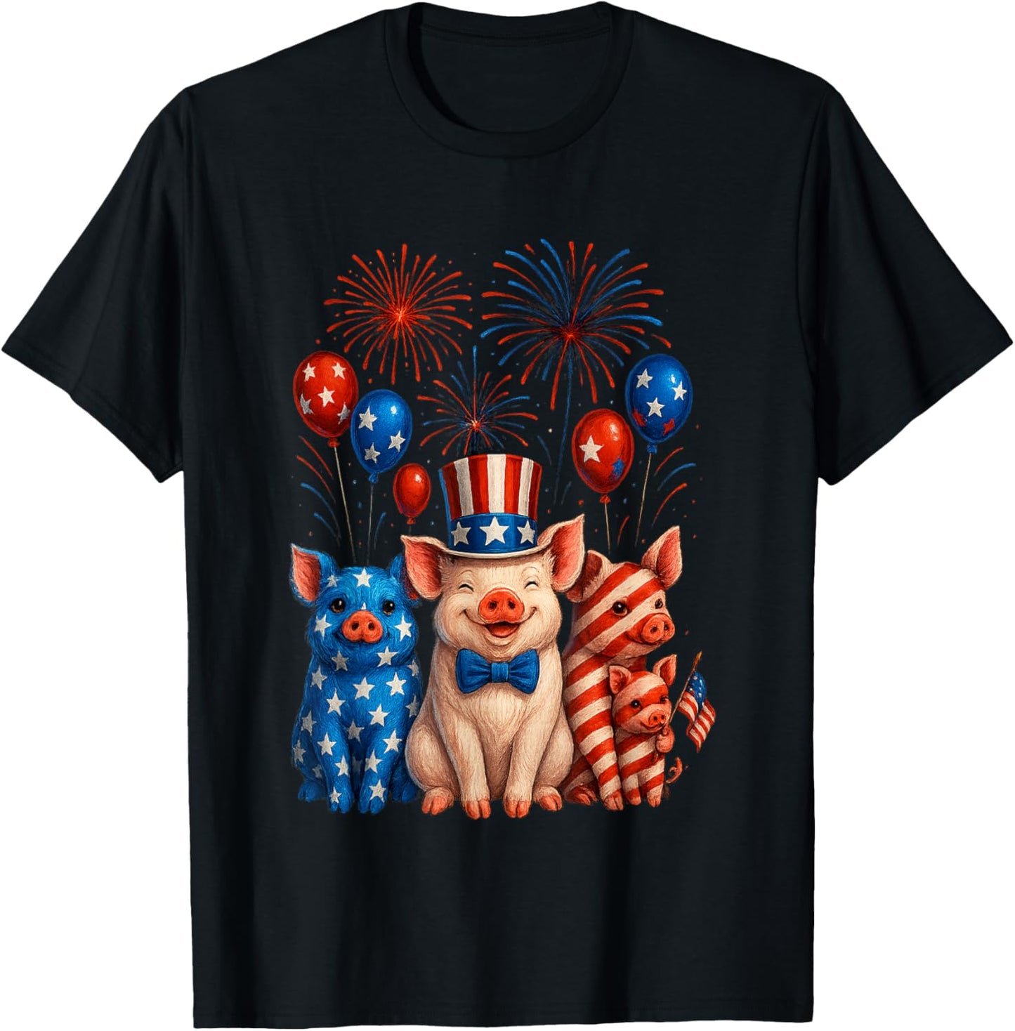 Fireworks American Flag Funny Pig Patriotic Farmer 4th July T-Shirt - T-Shirt | Black