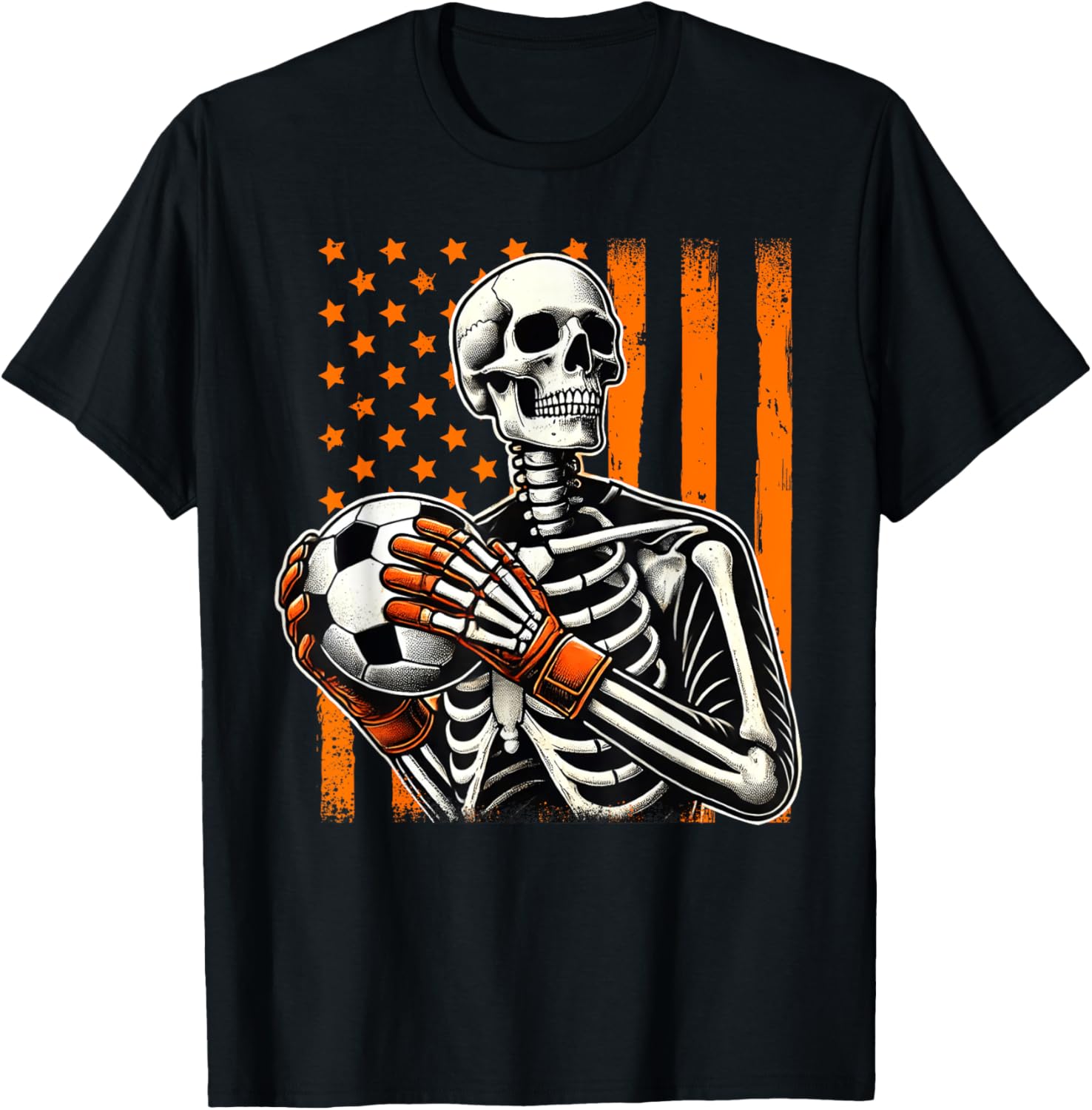 Skeleton Goalkeeper Holding Soccer Ball Goalie Halloween USA T-Shirt - T-Shirt | Black