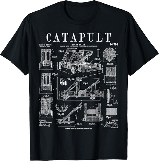 Catapult Medieval Ancient Siege Engine Funny Vintage Patent T-Shirt - T-Shirt | Black