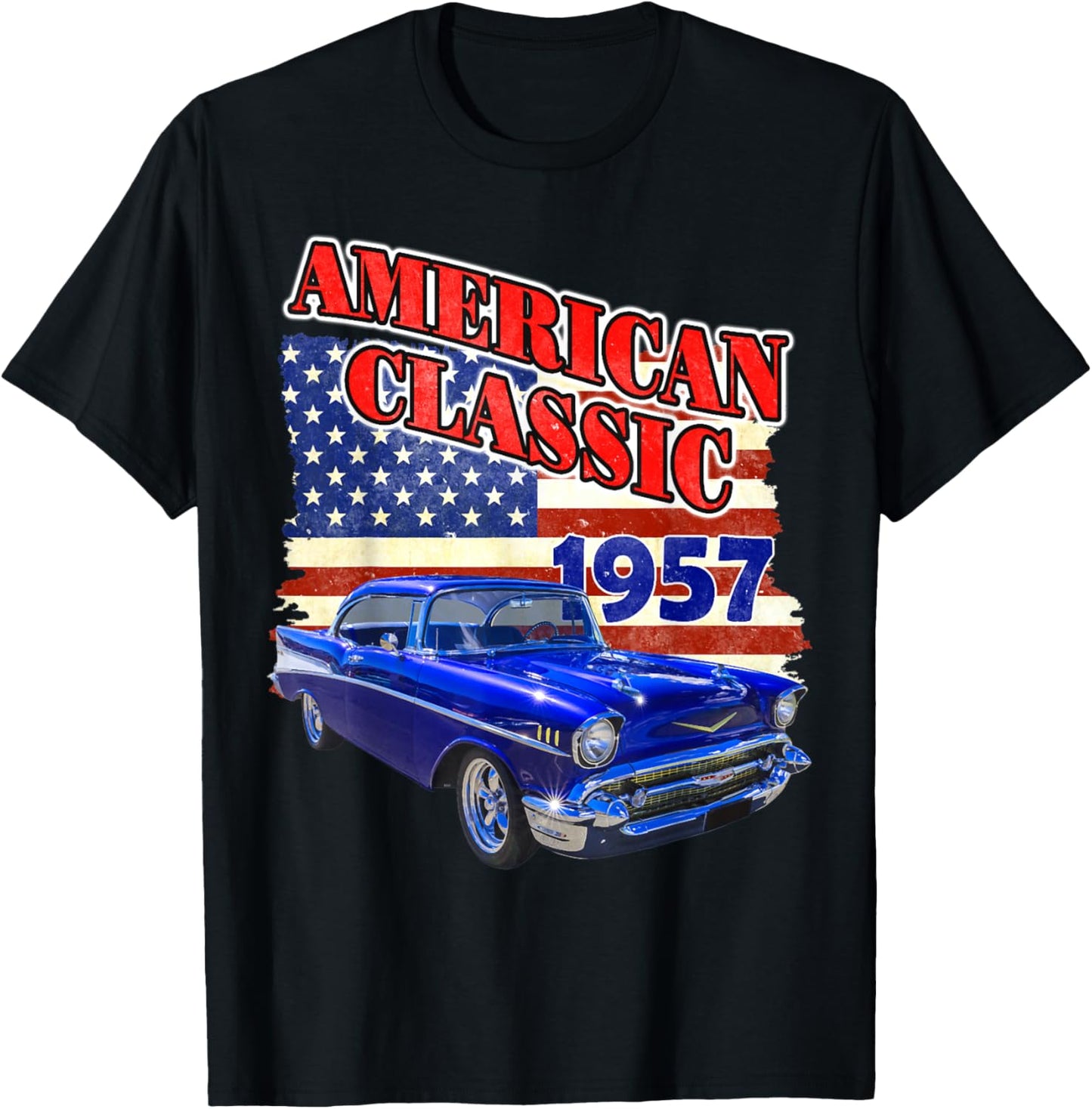 1957 57 Bel Air Classic car Old School Hot Rod American Flag T-Shirt - T-Shirt | Black