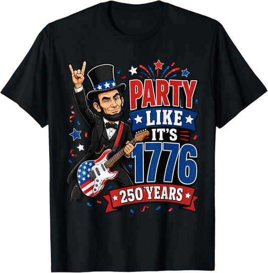 Lincoln 1776 Rock Party USA 250th Birthday Patriotic Guitar T-Shirt - T-Shirt | Black