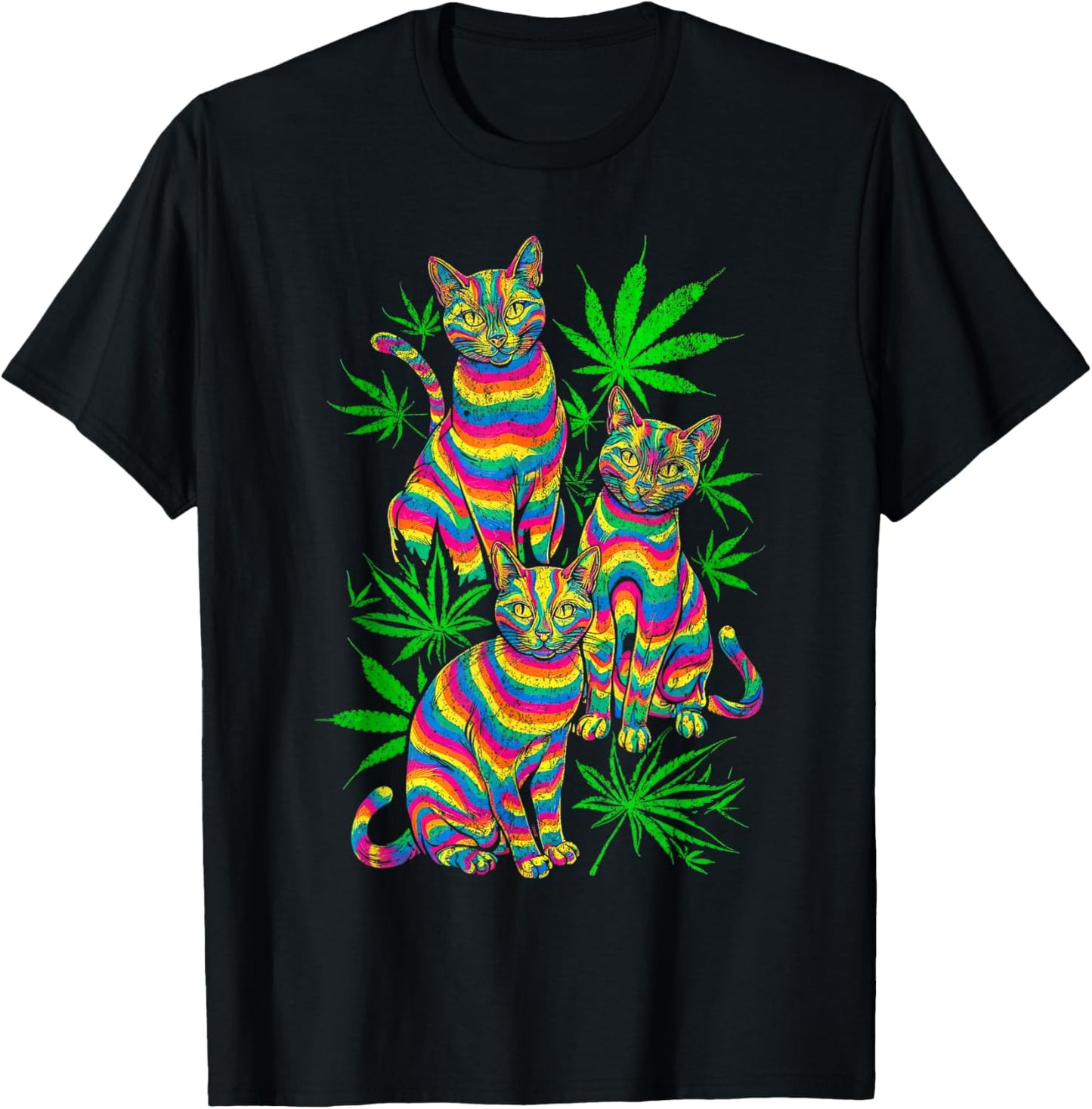 Psychedelic Cats Trippy Marijuana Pot Leaf Weed Cannabis 420 T-Shirt - T-Shirt | Black