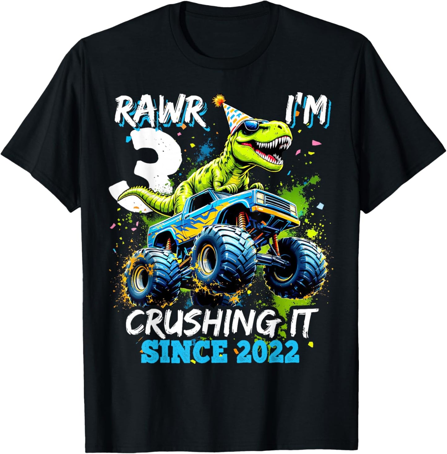 3rd Birthday Monster Truck Dinosaur Party Boys Rawr I'm 3 T-Shirt - T-Shirt | Black