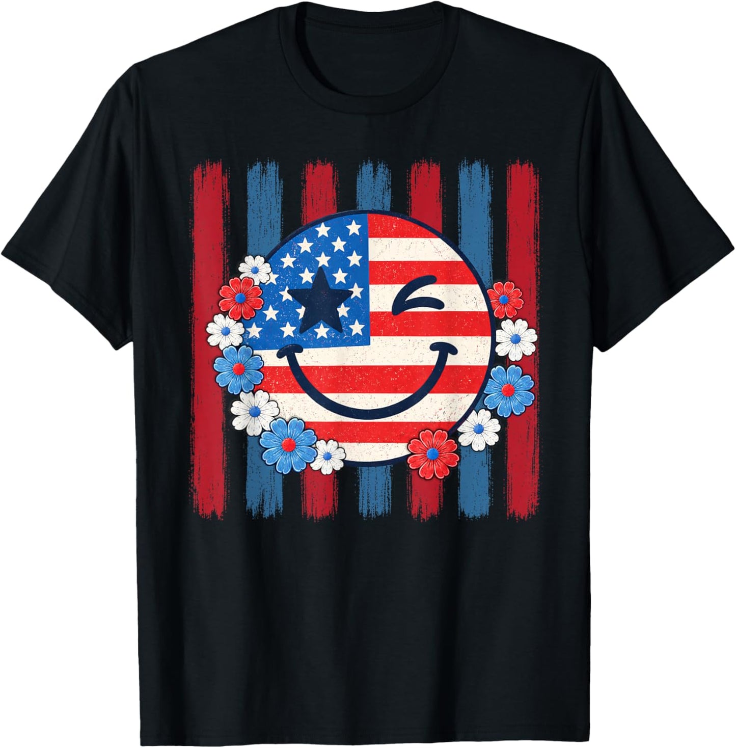 Happy 4th of July Groovy Smile Face Red White Blue USA Flag T-Shirt - T-Shirt | Black