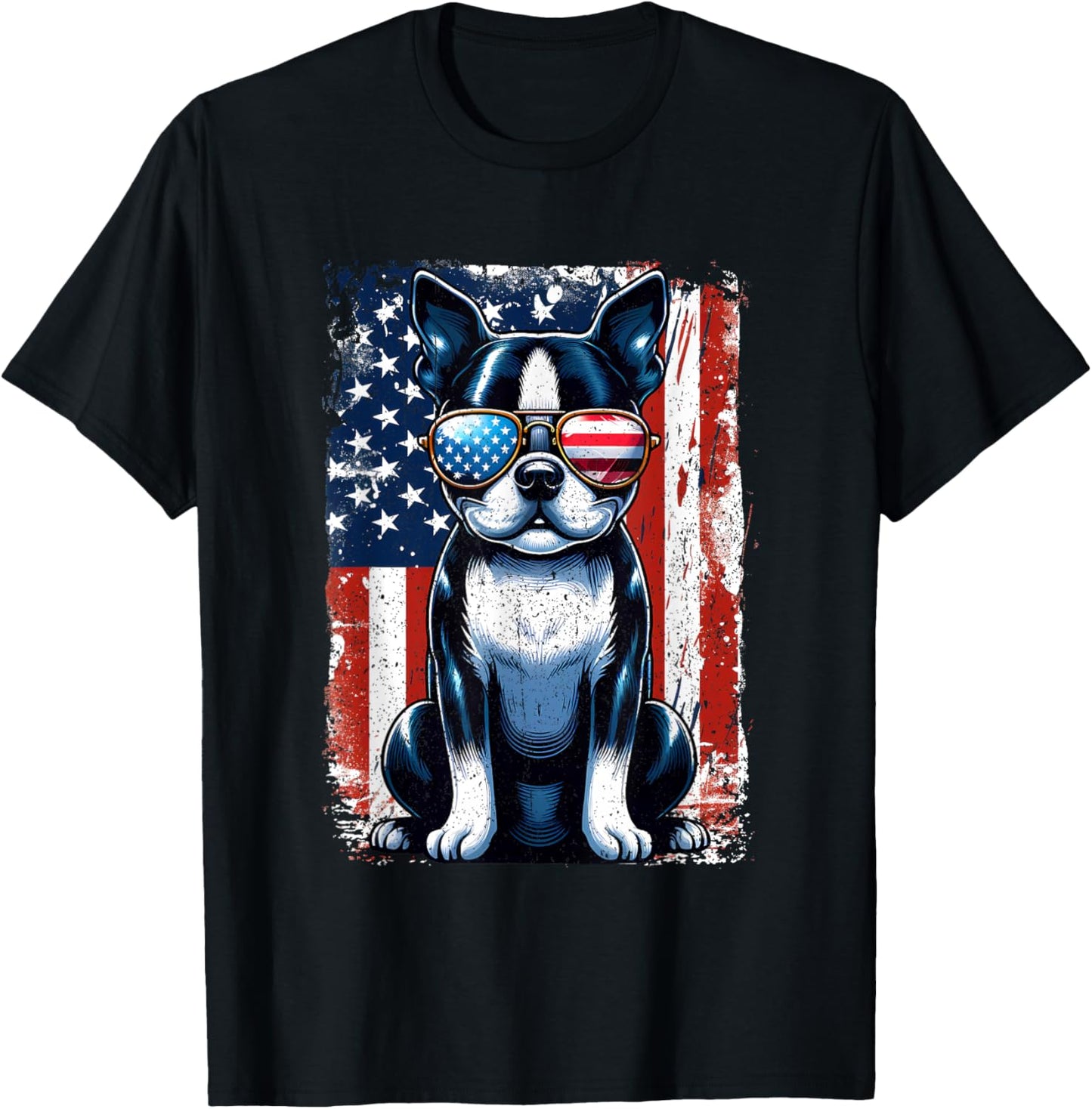 Vintage Boston Terrier Dog American USA US Flag Pets Lovers Women Girls Kids T-Shirt - T-Shirt | Black