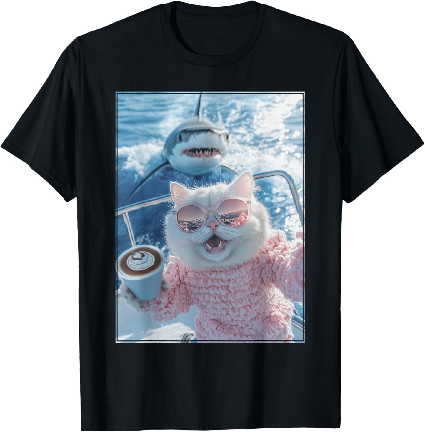 Cat with Sunglasses and Coffee on Yacht Boat Shark Cat Meme T-Shirt - T-Shirt | Black