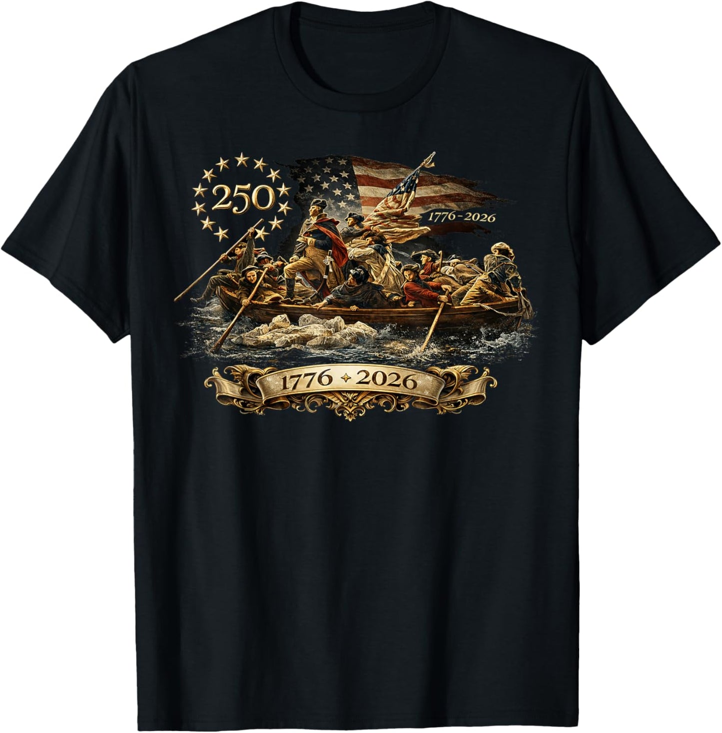 250 America George Washington Boat 2026 July 4 American Flag T-Shirt - T-Shirt | Black
