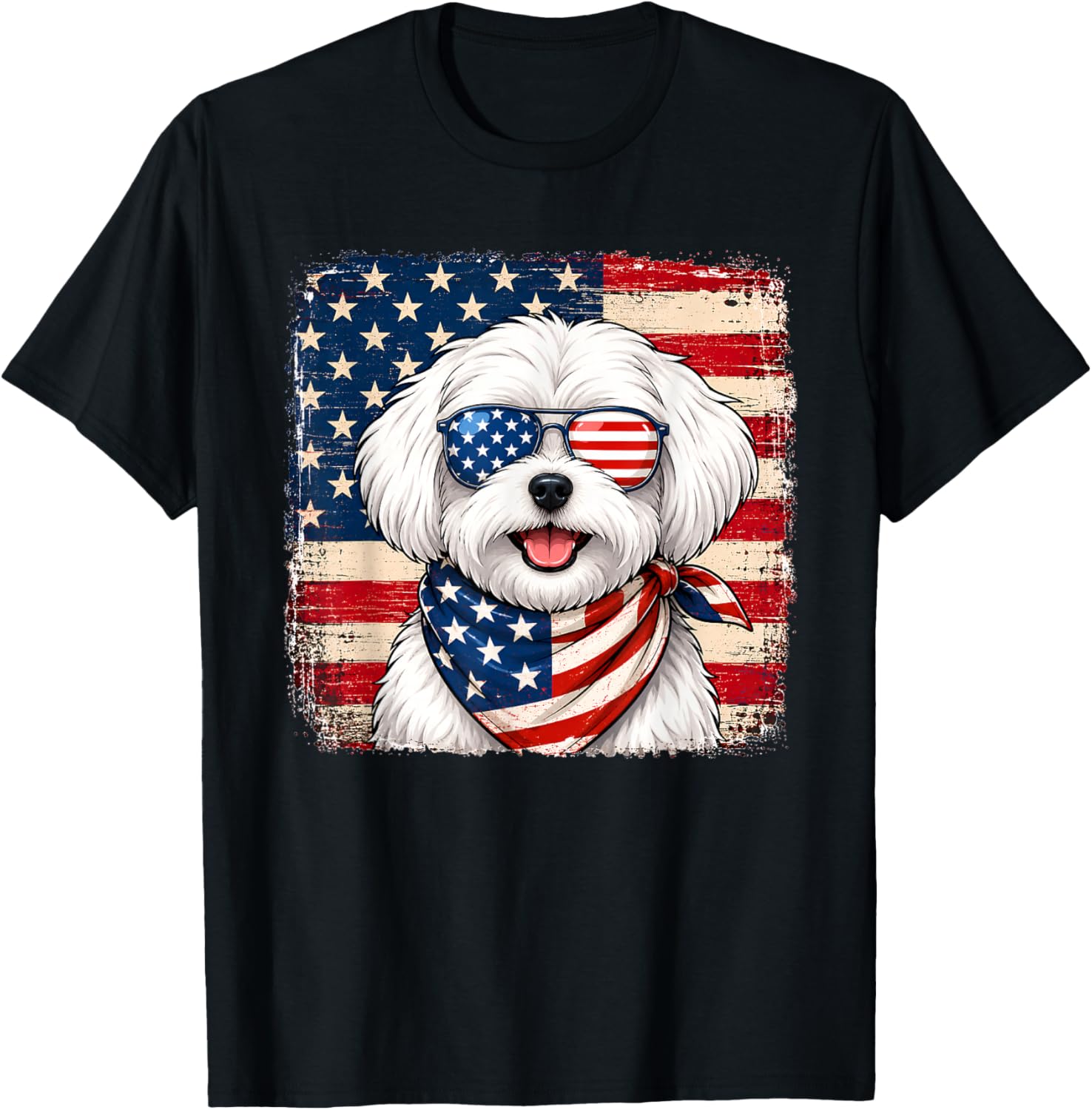Maltese Dog US America Flag Patriotic Maltese 4th of July T-Shirt - T-Shirt | Black