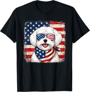 Maltese Dog US America Flag Patriotic Maltese 4th of July T-Shirt - T-Shirt | Black