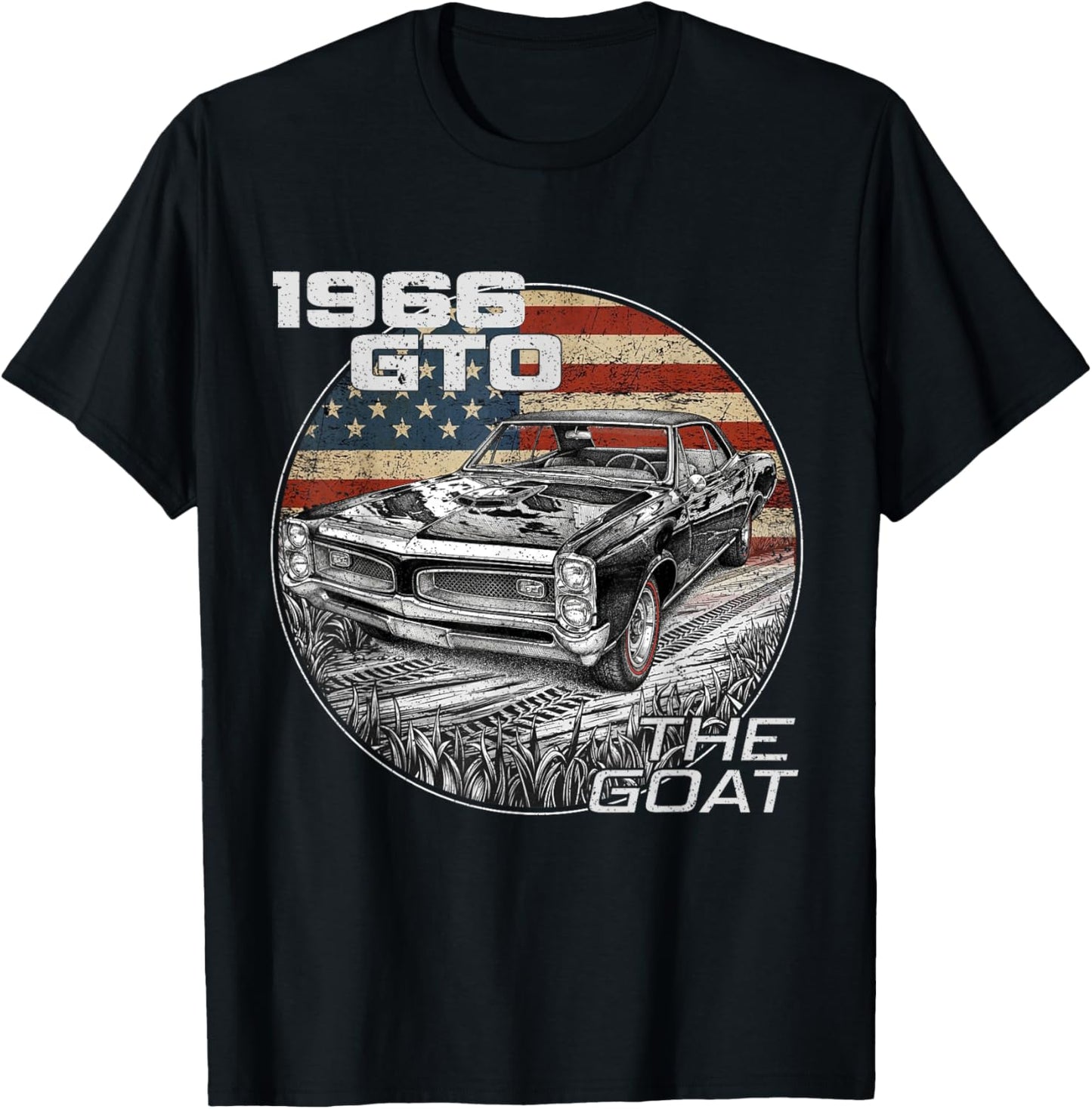 66 1966 GTO Silhouette Muscle Car American Flag T-Shirt - T-Shirt | Black