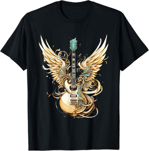 Retro Rock & Roll Music Guitar Wings Vintage 80s Men Women T-Shirt - T-Shirt | Black
