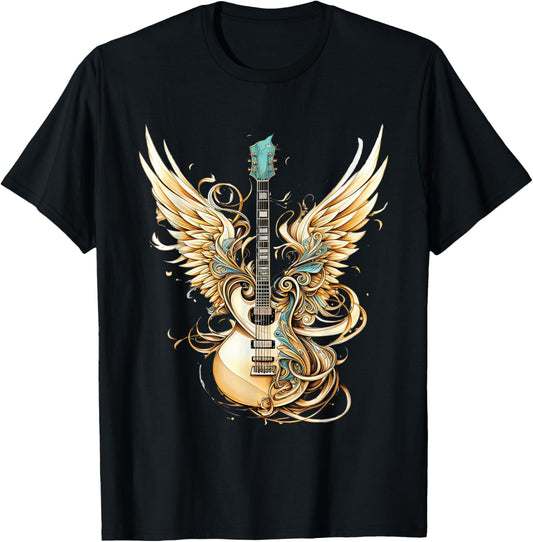 Retro Rock & Roll Music Guitar Wings Vintage 80s Men Women T-Shirt - T-Shirt | Black