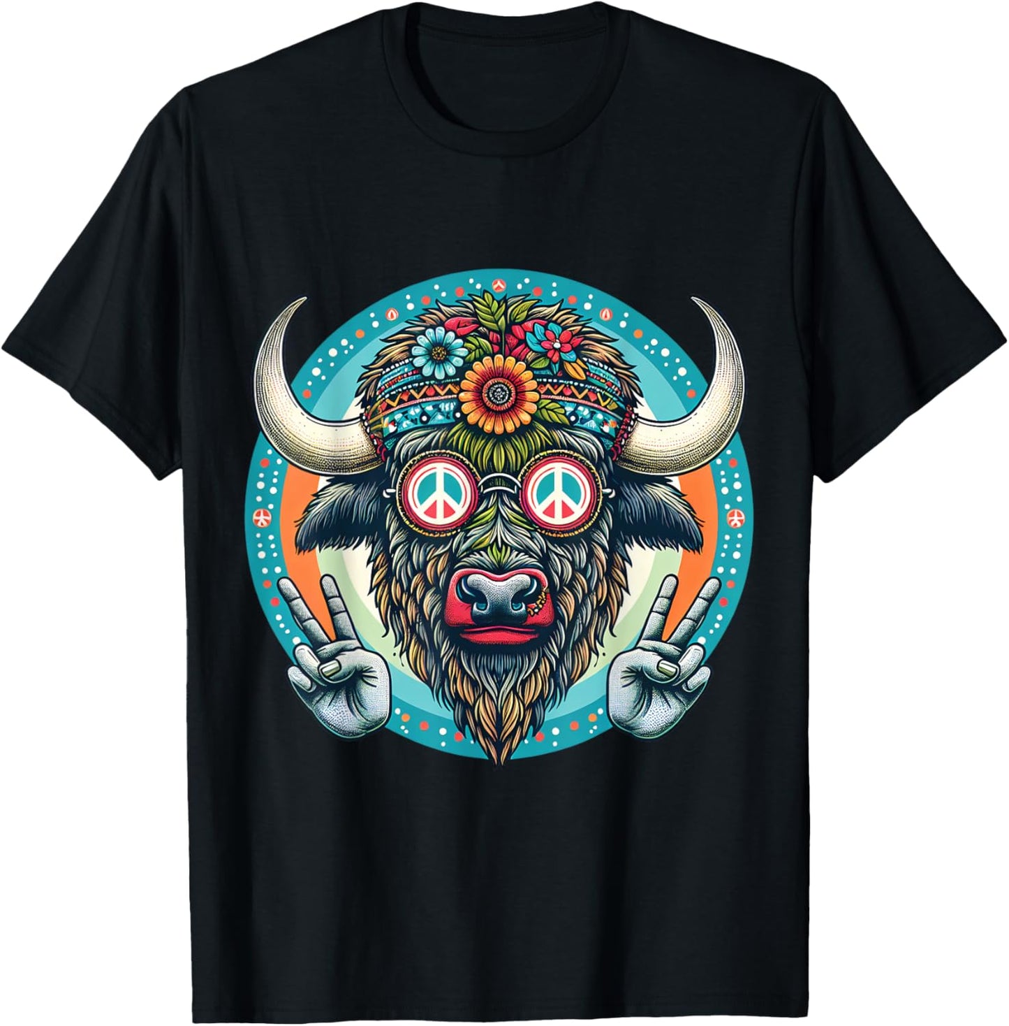 Buffalo Hippie with Peace signs floral T-Shirt - T-Shirt | Black