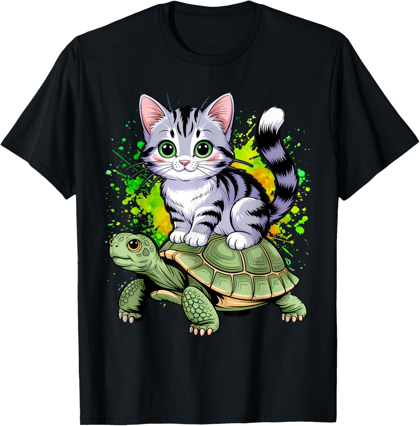 Cat Riding Turtle Lover Men Women Girls Kids T-Shirt - T-Shirt | Black