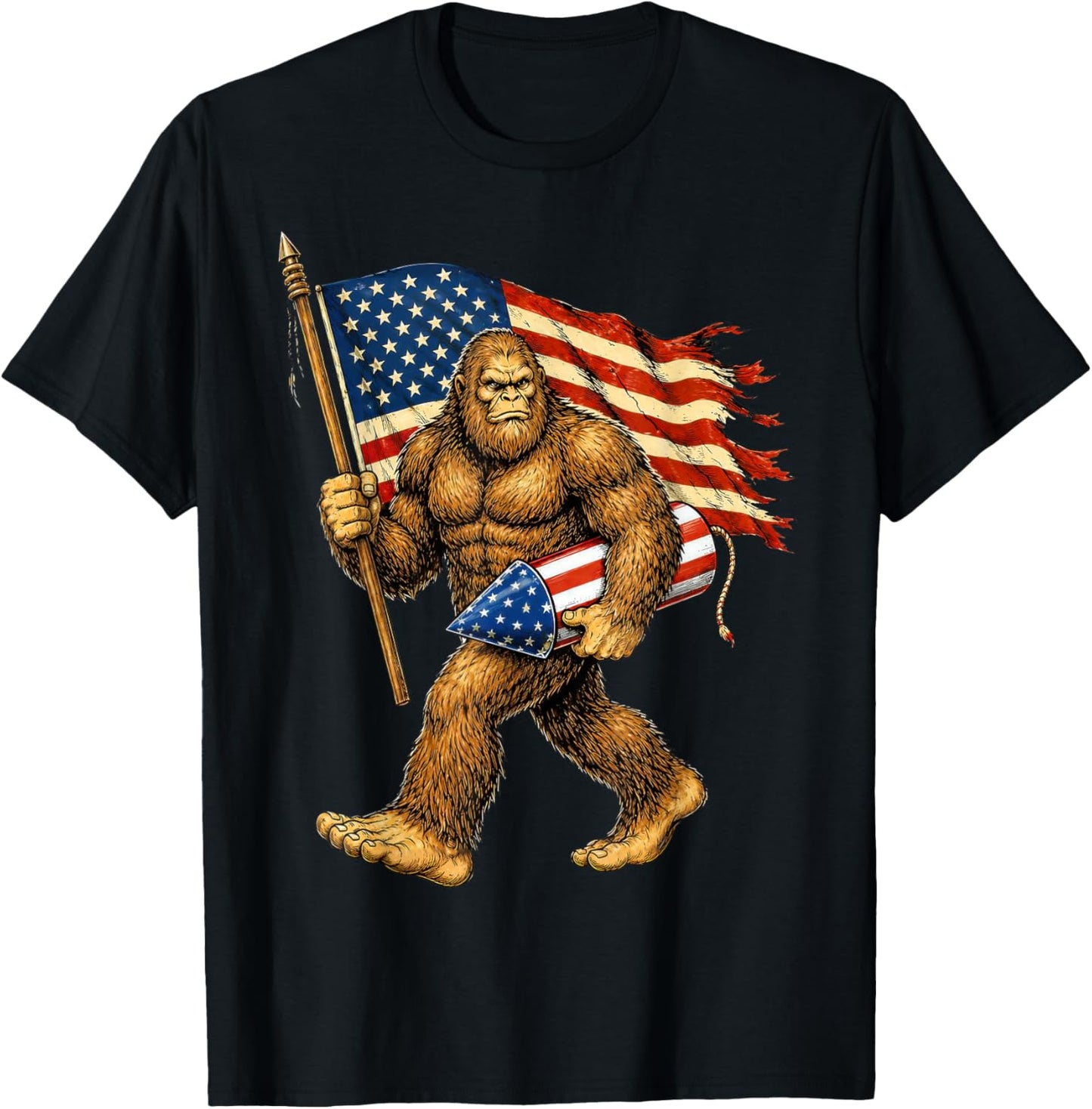 Bigfoot Fireworks 4th of July Men Sasquatch American Flag T-Shirt - T-Shirt | Black