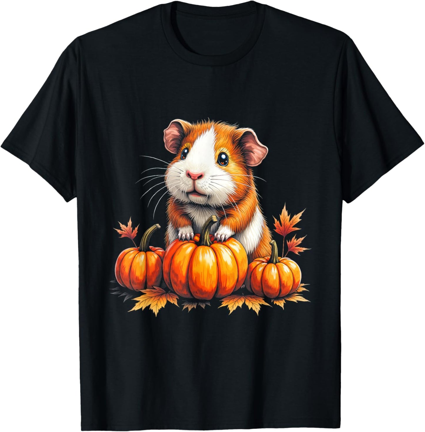Cute Guinea Pig Fall Vibes Autumn Pumpkins Thanksgiving T-Shirt - T-Shirt | Black
