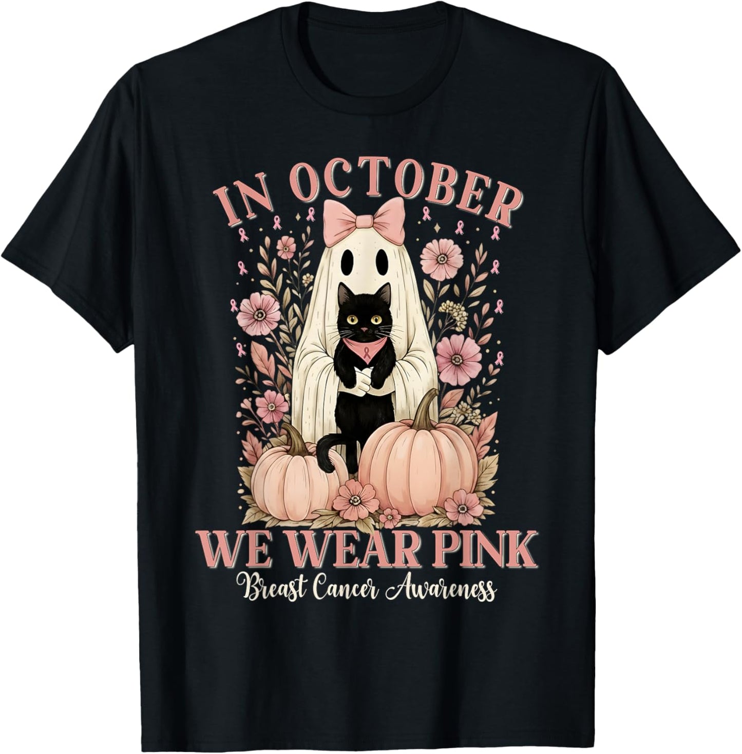 in October We Wear Pink Ghost Halloween Cat Breast Cancer T-Shirt - T-Shirt | Black