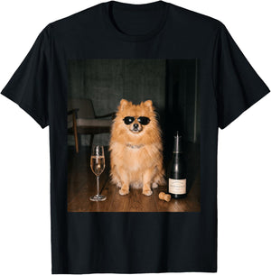 Pomeranian Drinking Champagne Funny Fathers Day T-Shirt - T-Shirt | Black