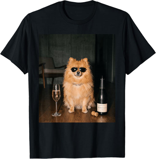 Pomeranian Drinking Champagne Funny Fathers Day T-Shirt - T-Shirt | Black