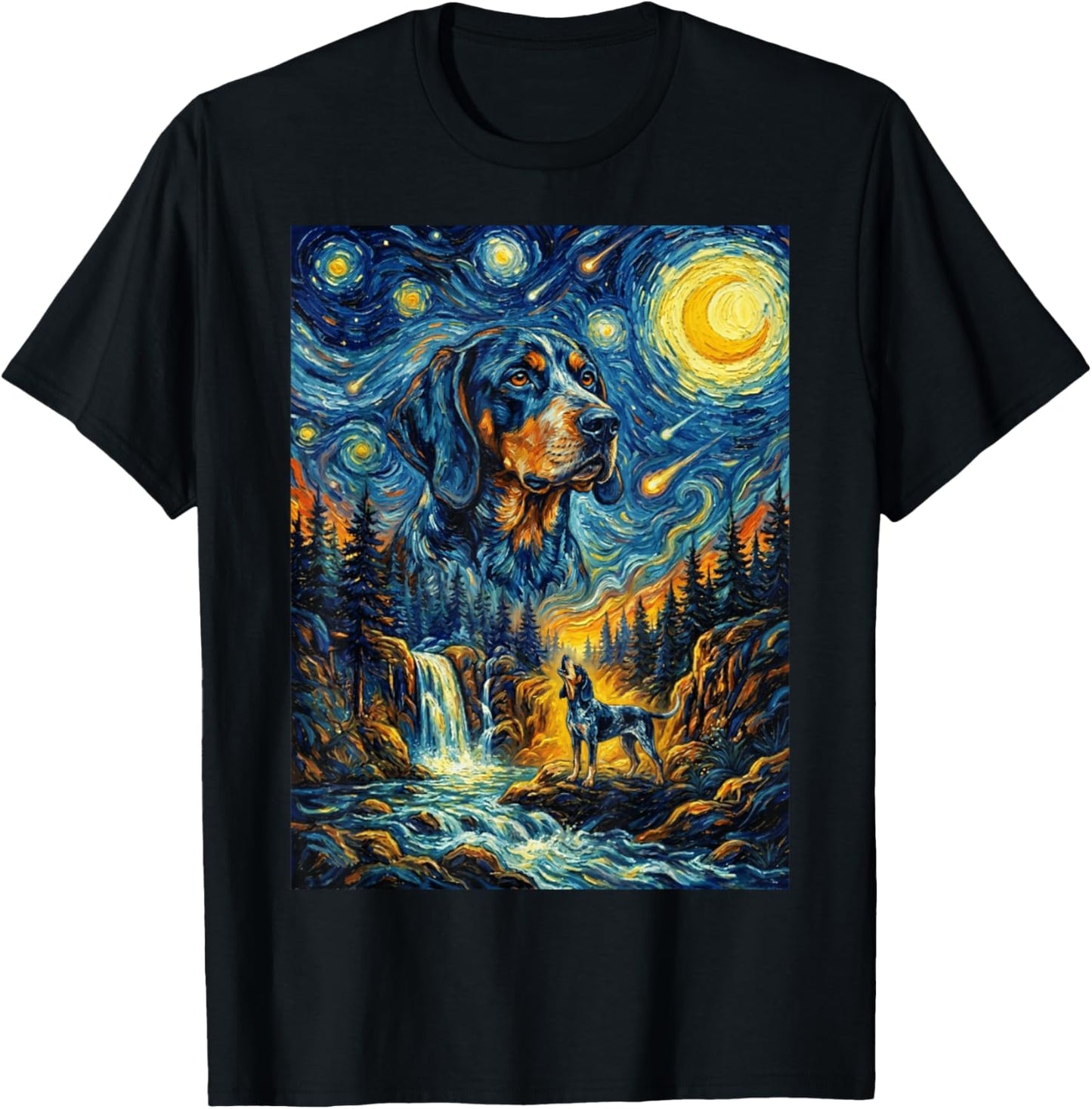 Bluetick Coonhound Dog Howling The Moon Night Starry Style T-Shirt - T-Shirt | Black