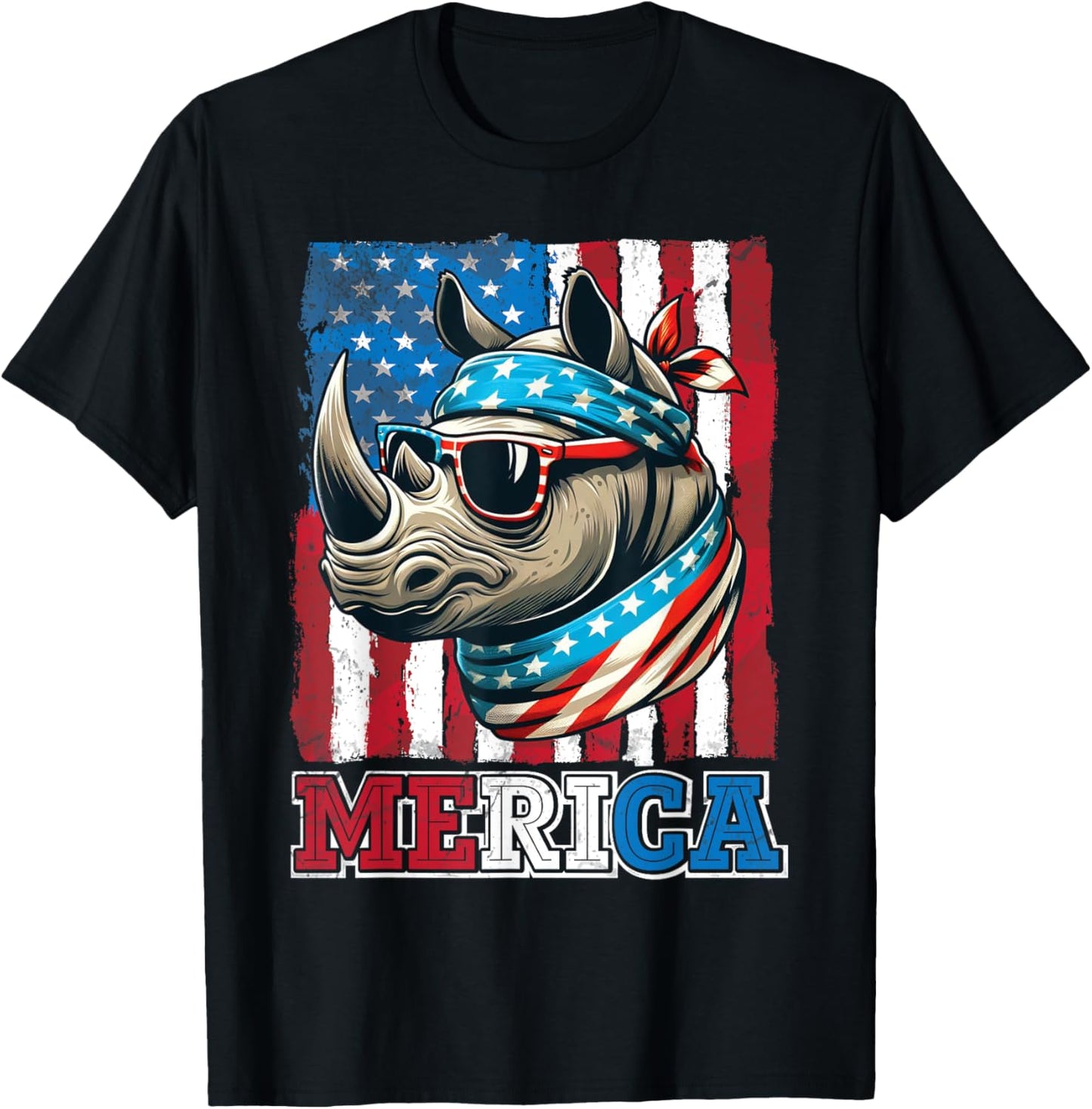 Rhino Wearing US Flag Costume Independence July 4th MERICA Women Men T-Shirt - T-Shirt | Black