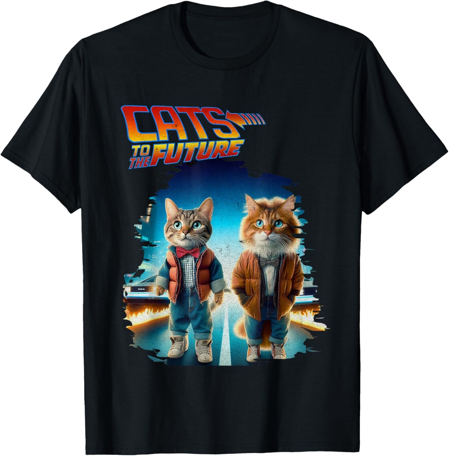 Pop Culture Cats To The Future Parody Funny 80s 90s Cats T-Shirt - T-Shirt | Black