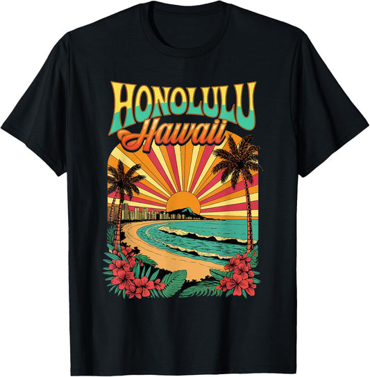 Vibrant Vintage Honolulu Hawaii Skyline Sunset Retro T-Shirt - T-Shirt | Black