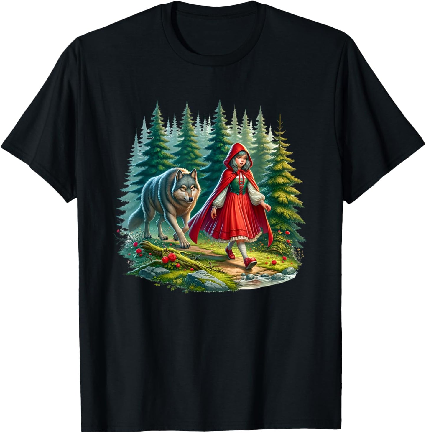 Little Red Riding Hood Stalked by Wolf Halloween Costume T-Shirt - T-Shirt | Black
