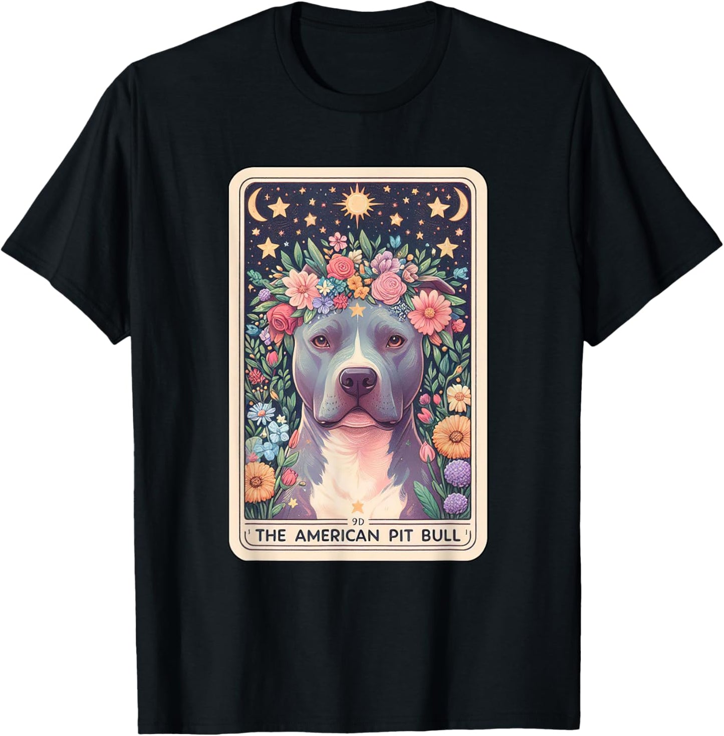 Pitbull Dog Floral Boho Flowers Tarot Card T-Shirt - T-Shirt | Black