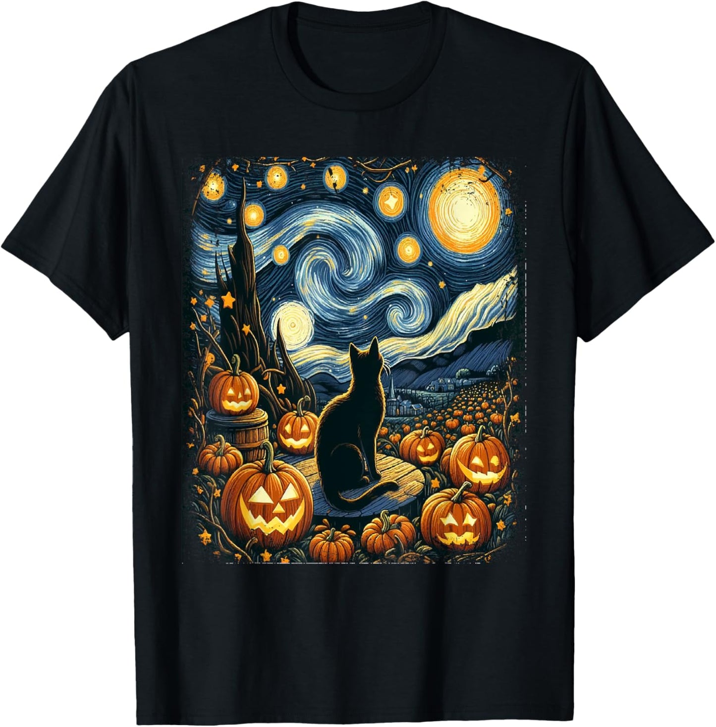 Halloween Van Gogh Starry Night Black Cat Pumpkins Men Women Kids T-Shirt - T-Shirt | Black