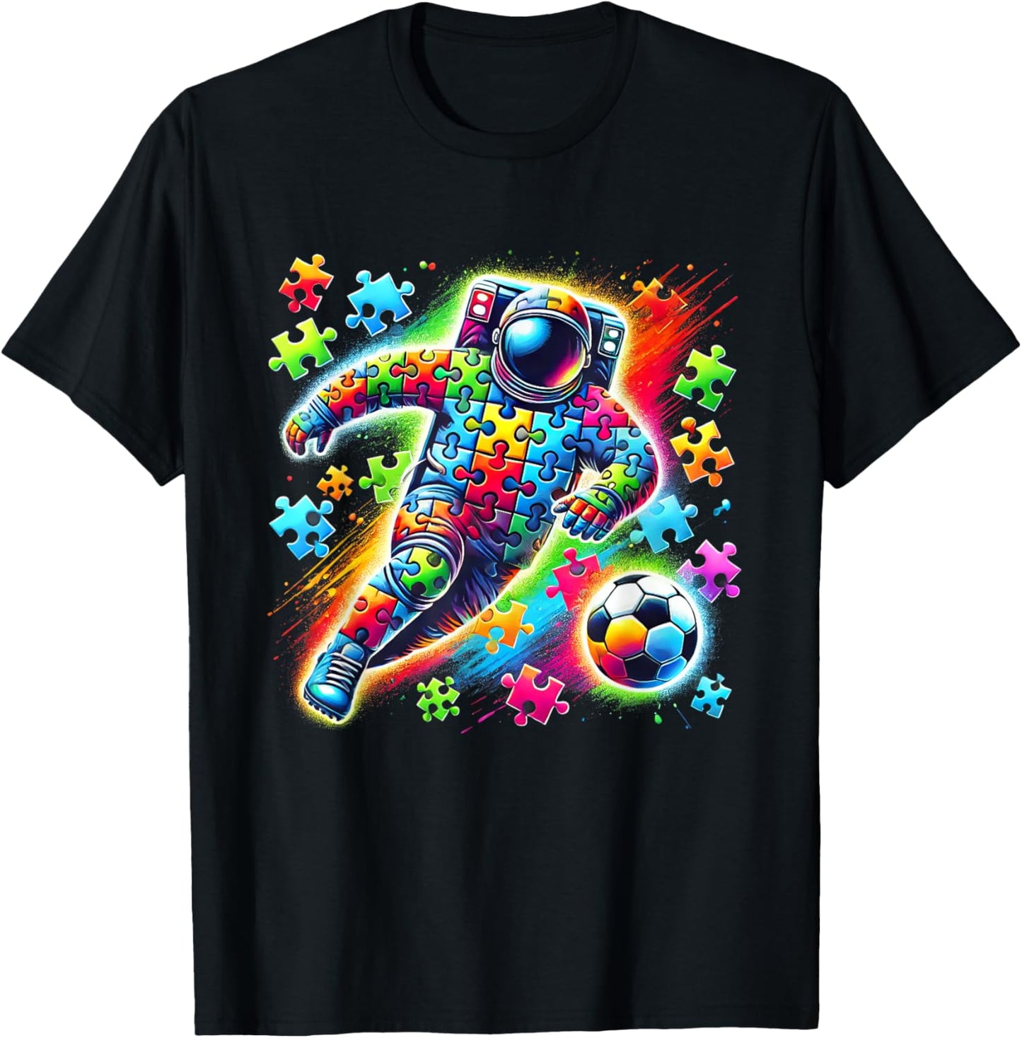 Astronaut Playing Soccer Ball Autism Awareness Kids Boys T-Shirt - T-Shirt | Black