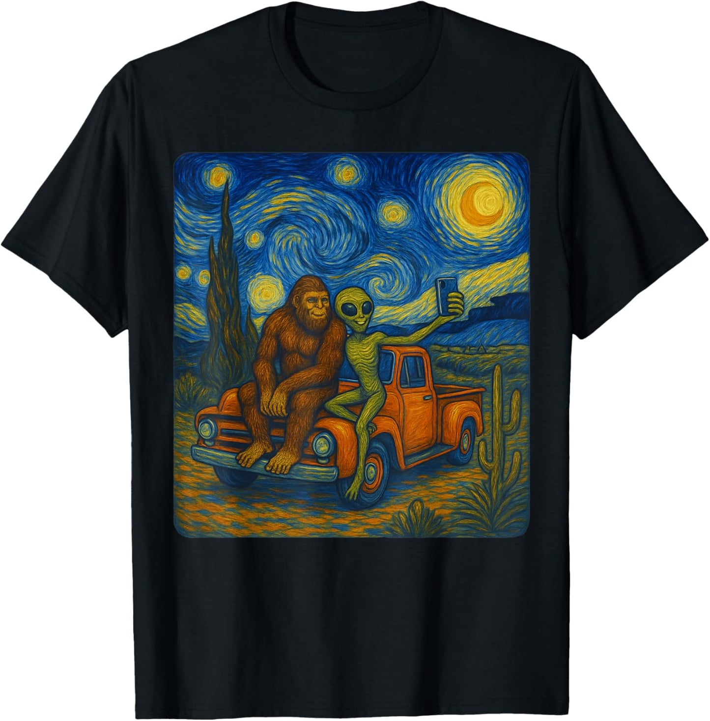 Starry Night Bigfoot & Alien Van Gogh Art Inspired T-Shirt - T-Shirt | Black