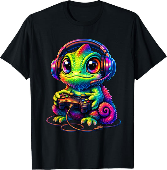 Gaming Chameleon with Headset Boys Teen Men Girls Funny Gift T-Shirt - T-Shirt | Black
