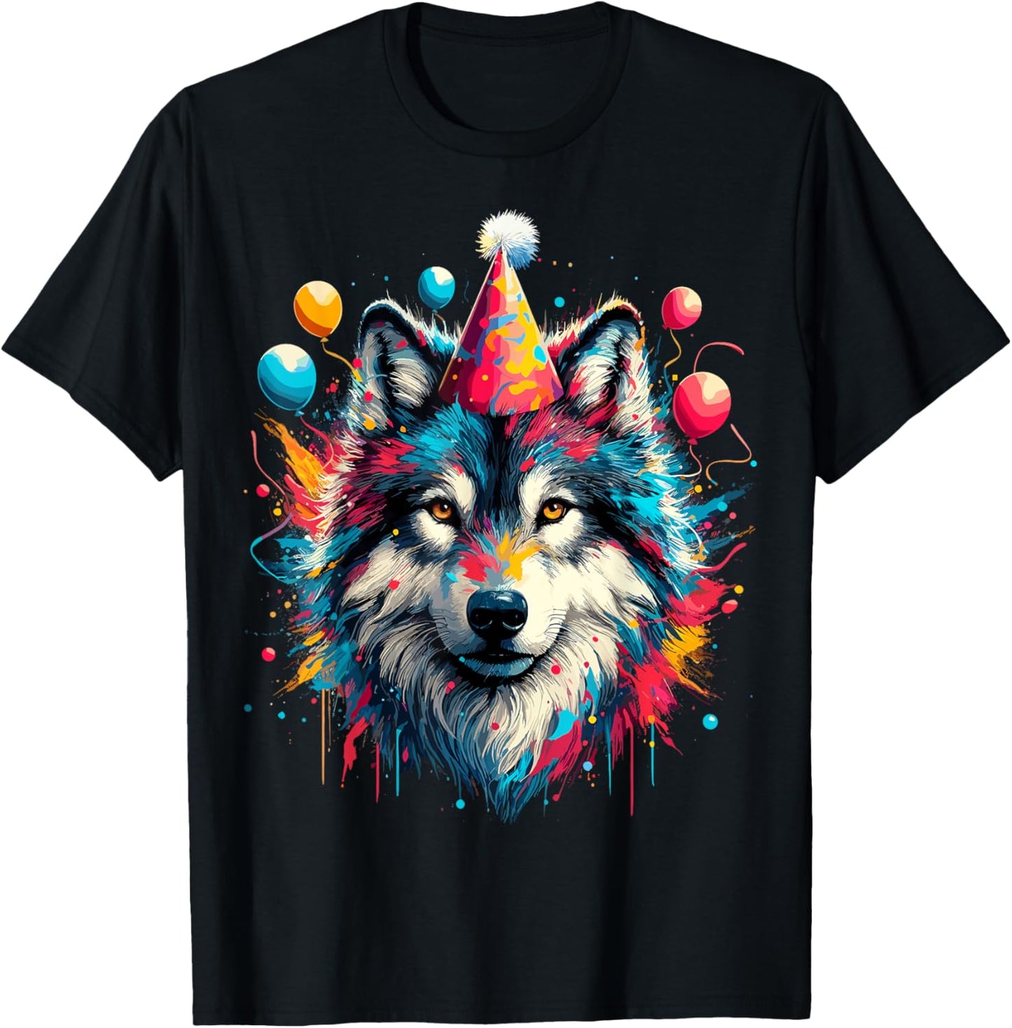 Wolf Birthday Party Splash Art Wolves Lover T-Shirt - T-Shirt | Black