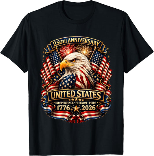250 Anniversary USA Patriotic Eagle 250th 4th of July 2026 T-Shirt - T-Shirt | Black