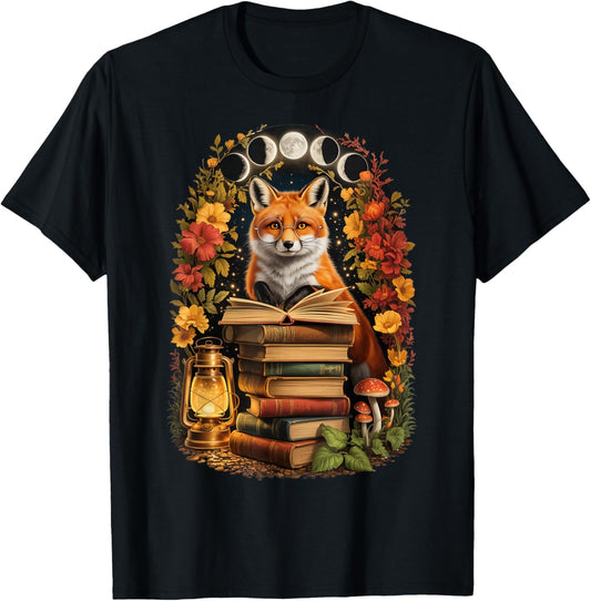 Aesthetic Fox with Books Cottagecore Floral Cute Goblincore T-Shirt - T-Shirt | Black