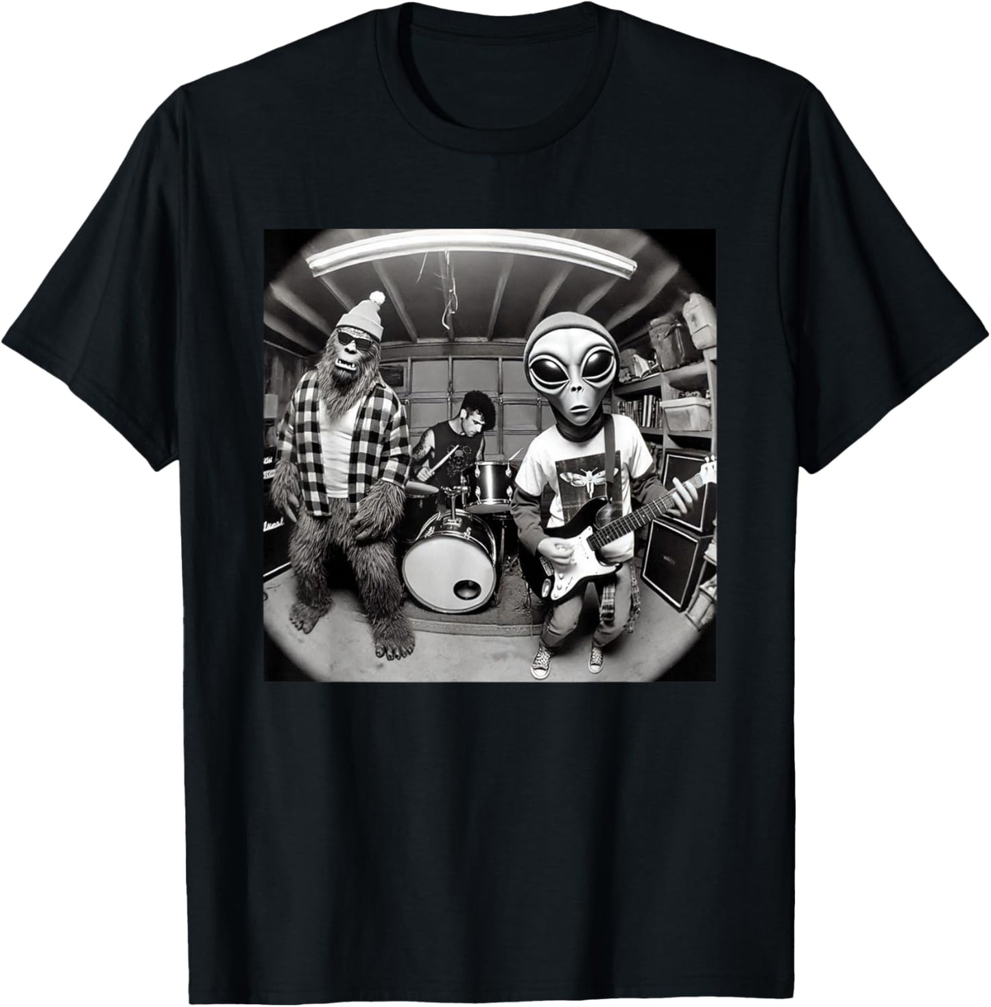 Garage Band Funny Bigfoot Alien 90s Grunge Rock Sasquatch T-Shirt - T-Shirt | Black
