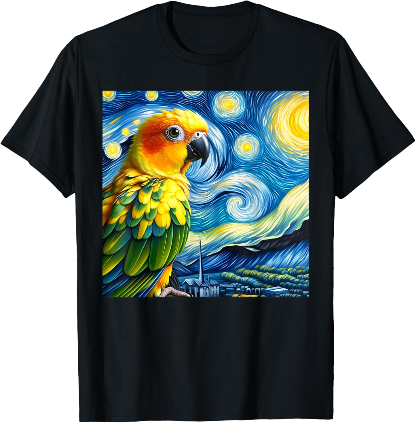 Sun Conure Mom Starry Night Sky Art Van Gogh Bird Parrot T-Shirt - T-Shirt | Black
