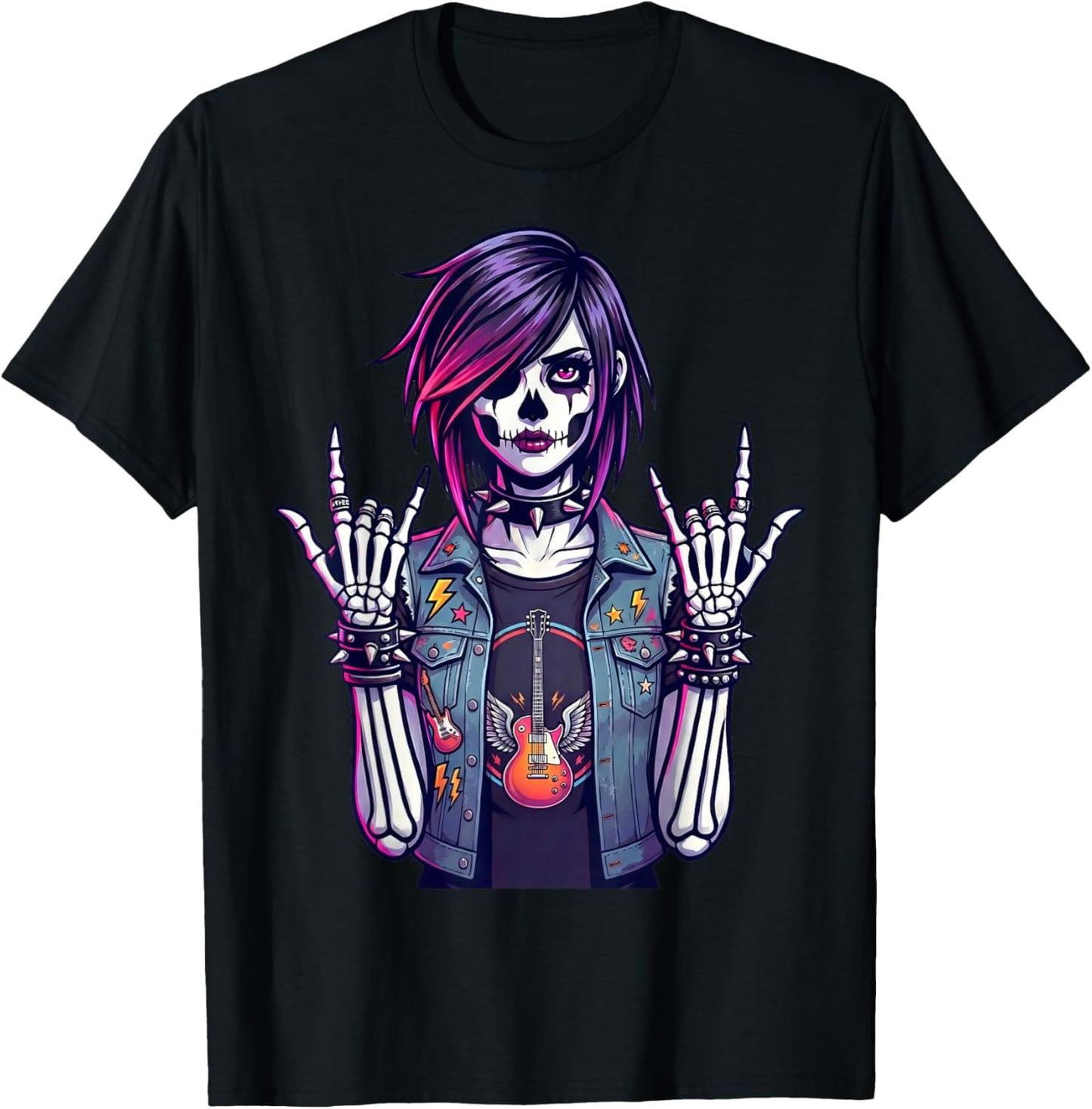 Goth Skeleton Girl Rock Guitar Punk Skull Art Rock'n Roll T-Shirt - T-Shirt | Black