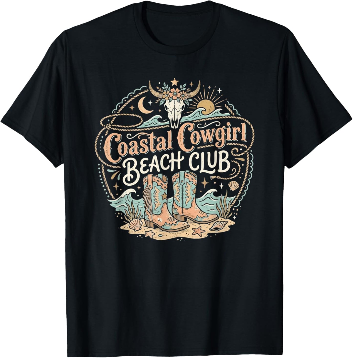 Coastal Cowgirl Beach Club Ranch Meets Ocean Boots Beach T-Shirt - T-Shirt | Black