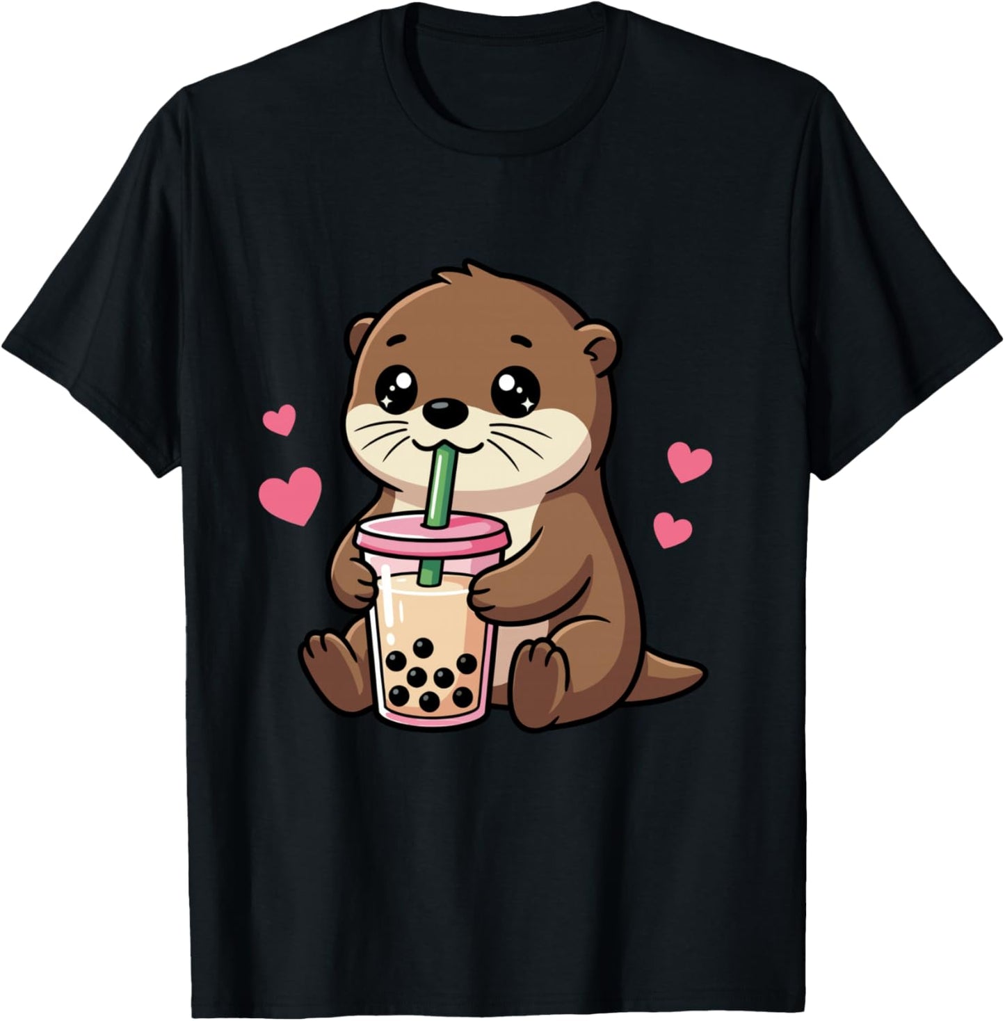 Kawaii Otter Boba Tea Dessin animé Animal Manche Longue T-Shirt - T-Shirt | Black