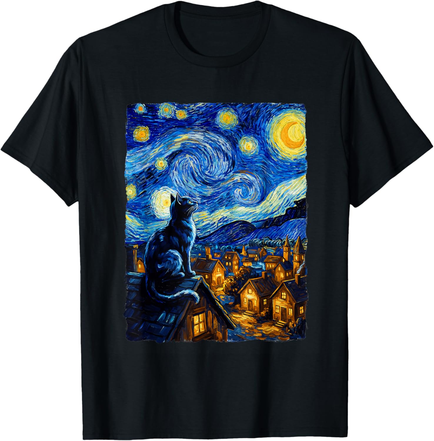 Cat Starry Night Van Gogh Cat for Cat Lover Cat Mom Cat Dad T-Shirt - T-Shirt | Black