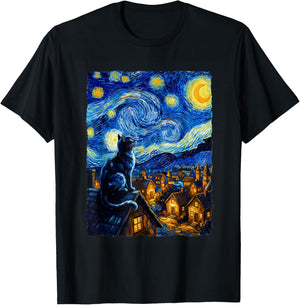 Cat Starry Night Van Gogh Cat for Cat Lover Cat Mom Cat Dad T-Shirt - T-Shirt | Black