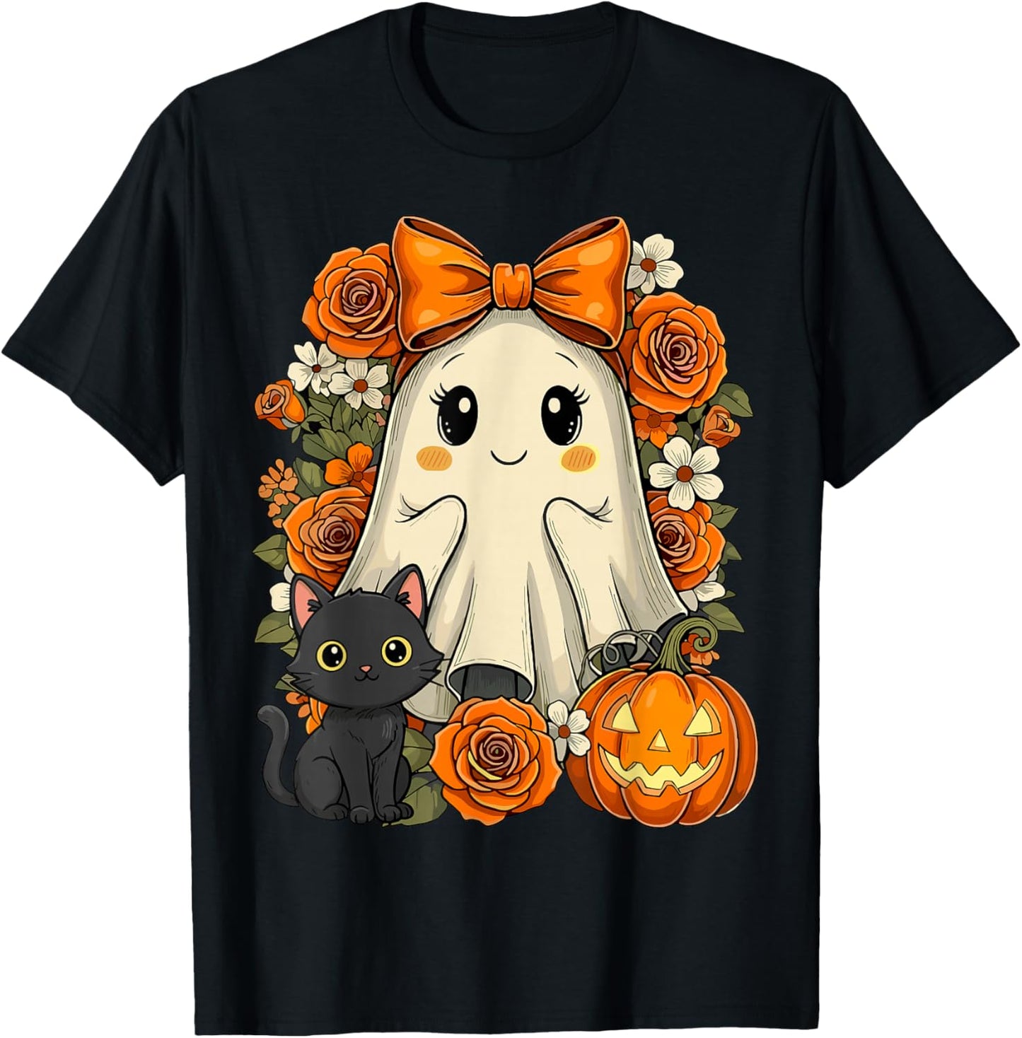 Kawaii Ghost Cat Pumpkin Floral Halloween T-Shirt - T-Shirt | Black