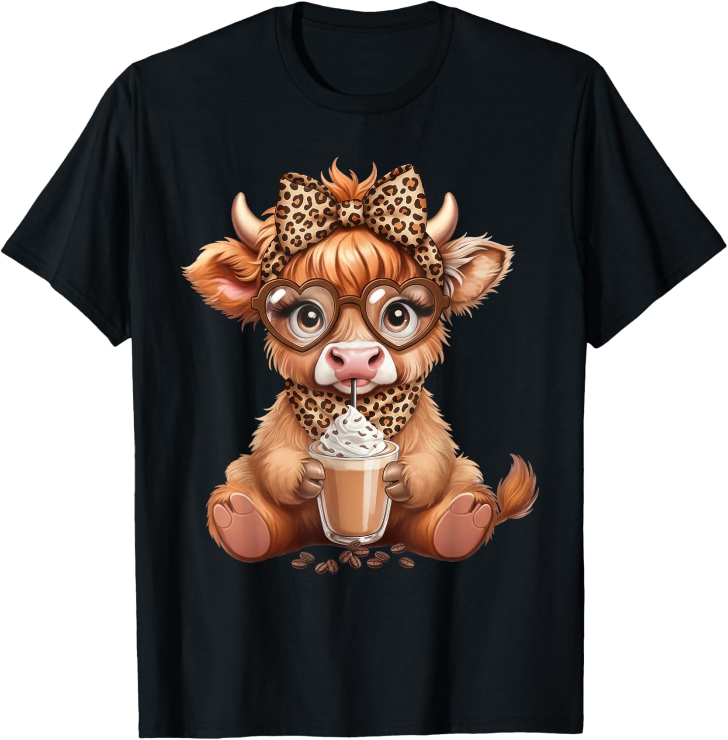 Cute Highland Cow Coffee Latte Lover Leopard Bow Glasses T-Shirt - T-Shirt | Black
